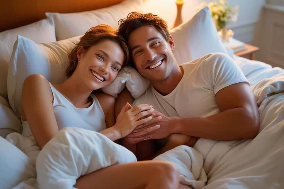 Pareja feliz en la cama sonriendo.